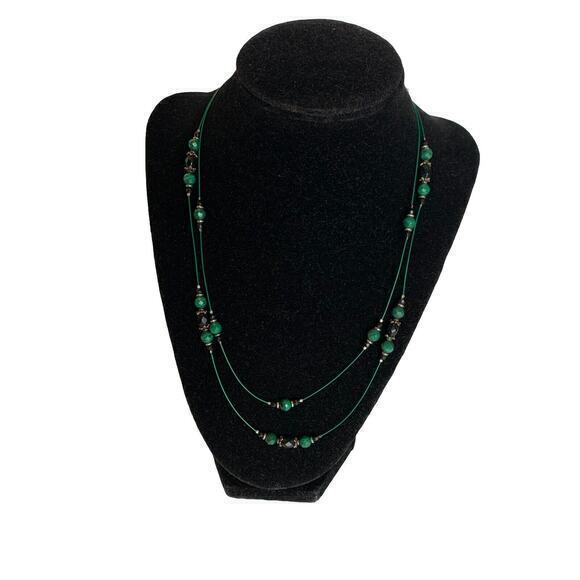 Women’s Silver Tone Green Black Malachite Glass Beaded Double‎ Strand Necklace - Picture 4 of 5